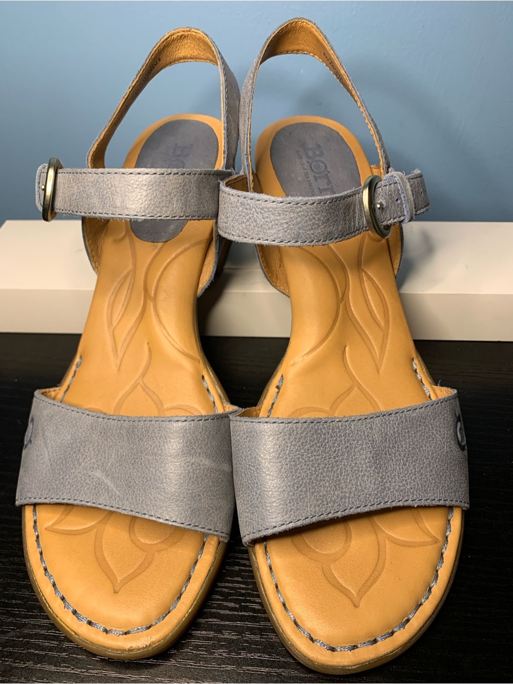 Born Lt. Blue Leather Ankle-Strap Sandals with Tan Footbed